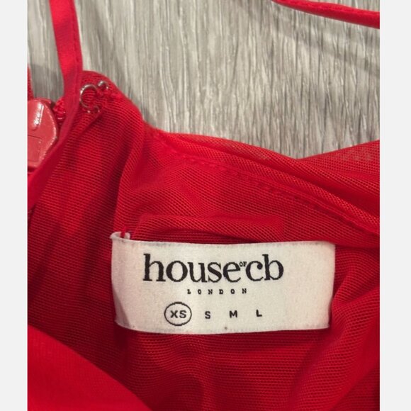 HOUSE OF CB Sirene Ruched Mesh Midi Dress Red Womens XS - Picture 3 of 8